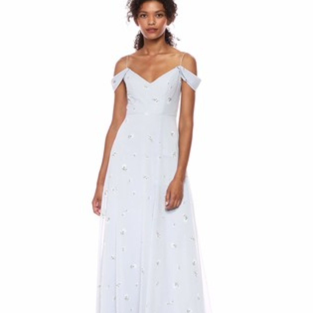 Jenny Yoo Priya Cold Shoulder Floral Chiffon Evening Dress, Worn Once!